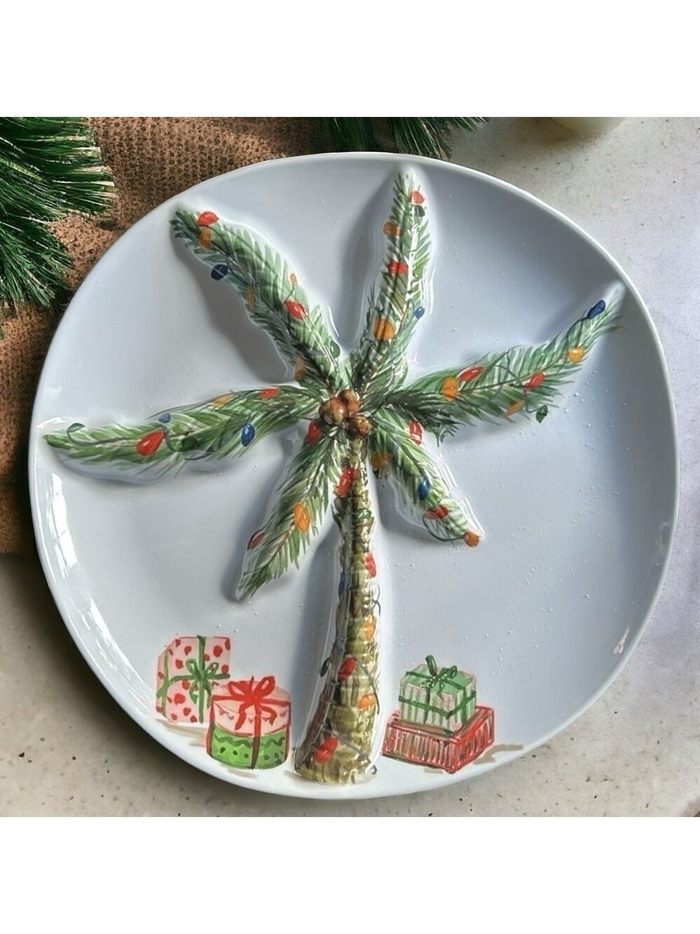 Tropical Christmas Melamine Palm Tree Serving Plate Divided Tray 15”